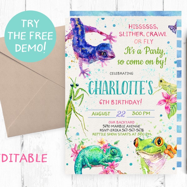 Editable Girl Reptile Invitation, Girl Reptiles Birthday Party Invitation, Reptile Show Birthday Party Template, Animal Show Party Template,