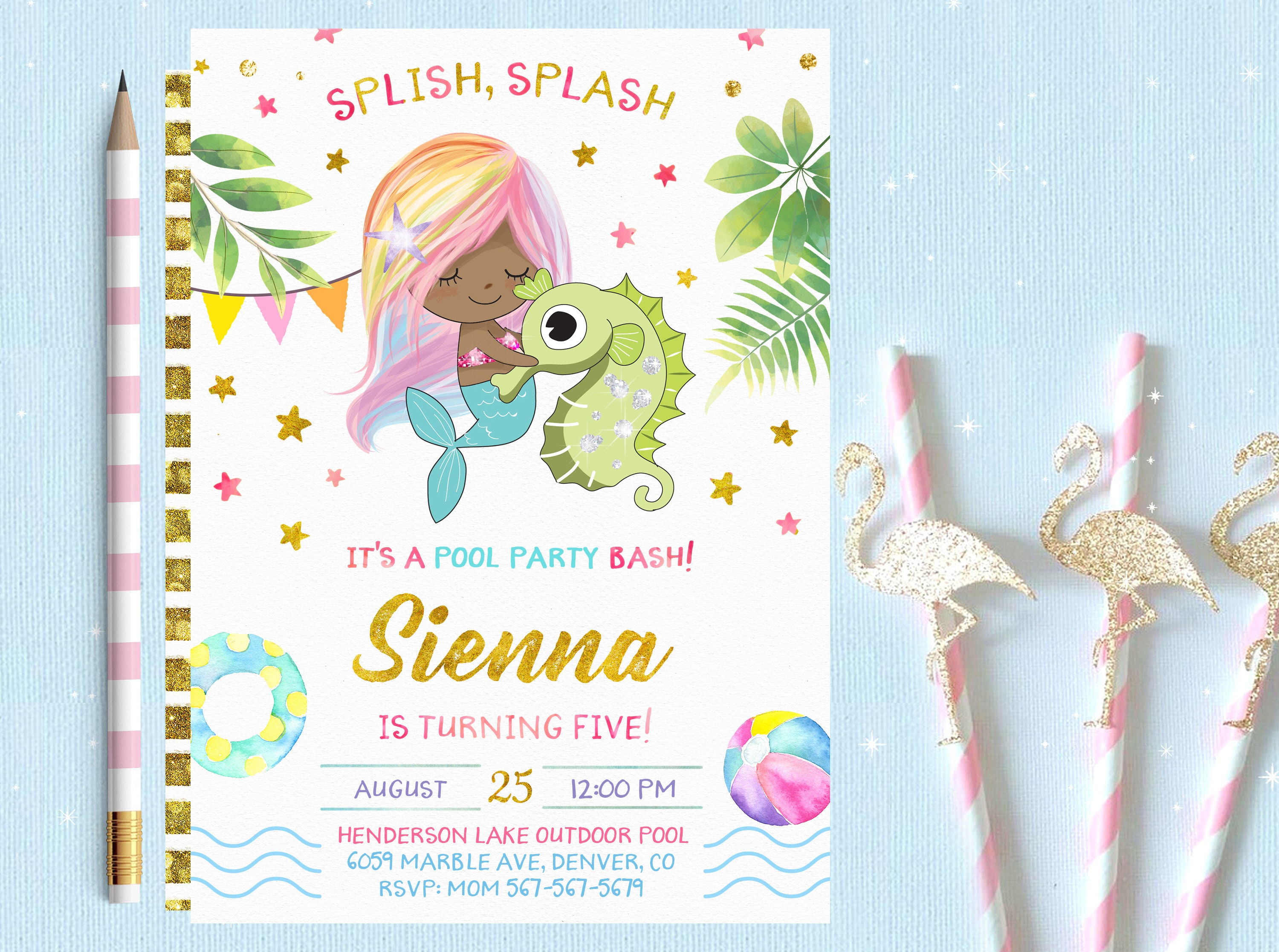 Brown Mermaid Pool Party Invitation Mermaid Pool Party Etsy