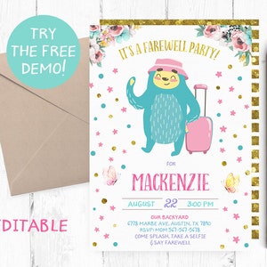 Editable Sloth Farewell Invitation, Farewell Party Invitation Instant Download, Farewell Invites, Girl Sloth Farewell, Going away Party,