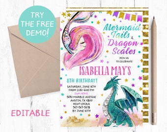 May include: An invitation to an 8th birthday party with a mermaid and dragon theme. The invitation is decorated with glitter, stars, and gold accents. The text on the invitation reads "Mermaid Tails & Dragon Scales. Join us to celebrate Isabella May's 8th Birthday! Saturday, June 16th from 2:30-6:00 PM. Our Home 5690 Marble Avenue Austin, TX 6800 RSVP: Erika 567-567-5678 By June 10th"