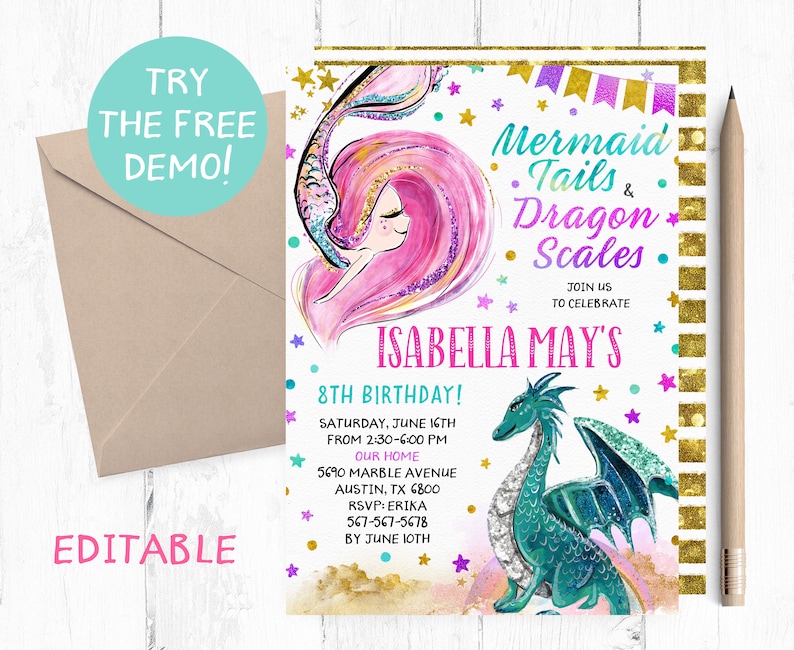 Editable Mermaid Tails and Dragon Scales Invitation Mermaids Etsy