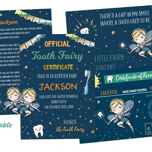 May include: A set of navy blue Tooth Fairy certificates and cards with illustrations of fairies, teeth, and a toothbrush. The text includes "Official Tooth Fairy Certificate" and "Certificate of Record".