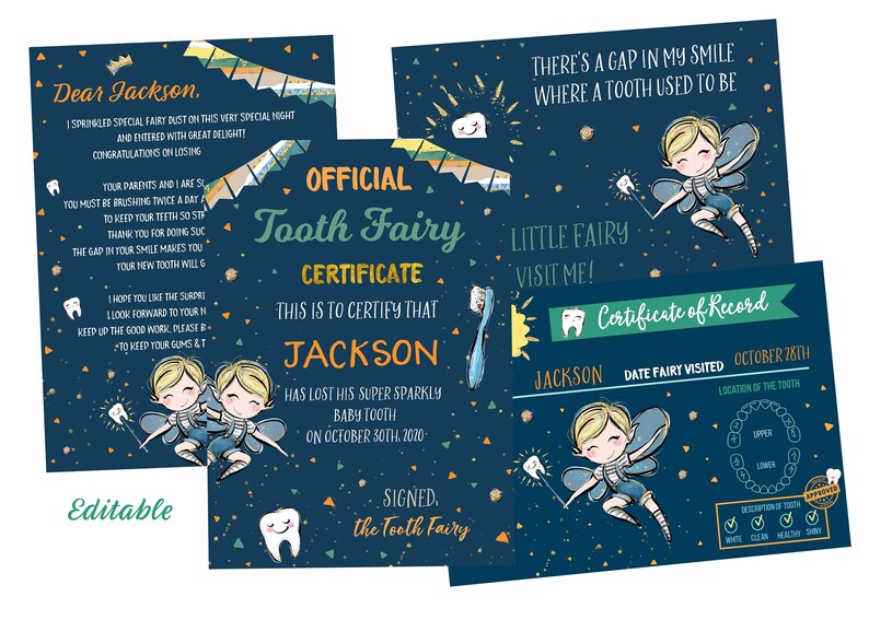 May include: A set of navy blue Tooth Fairy certificates and cards with illustrations of fairies, teeth, and a toothbrush. The text includes "Official Tooth Fairy Certificate" and "Certificate of Record".