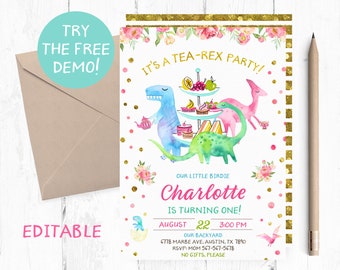 Invitación de cumpleaños de dinosaurios Tea Rex (12,7 x 18,8 cm)