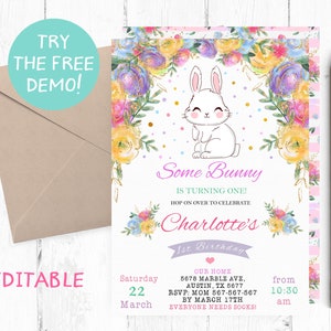 Editable Bunny Invitation, Bunny Birthday Party Invitation, Bunny Birthday Invitation Template, Bunny Editable Template, Spring Bunny Invite
