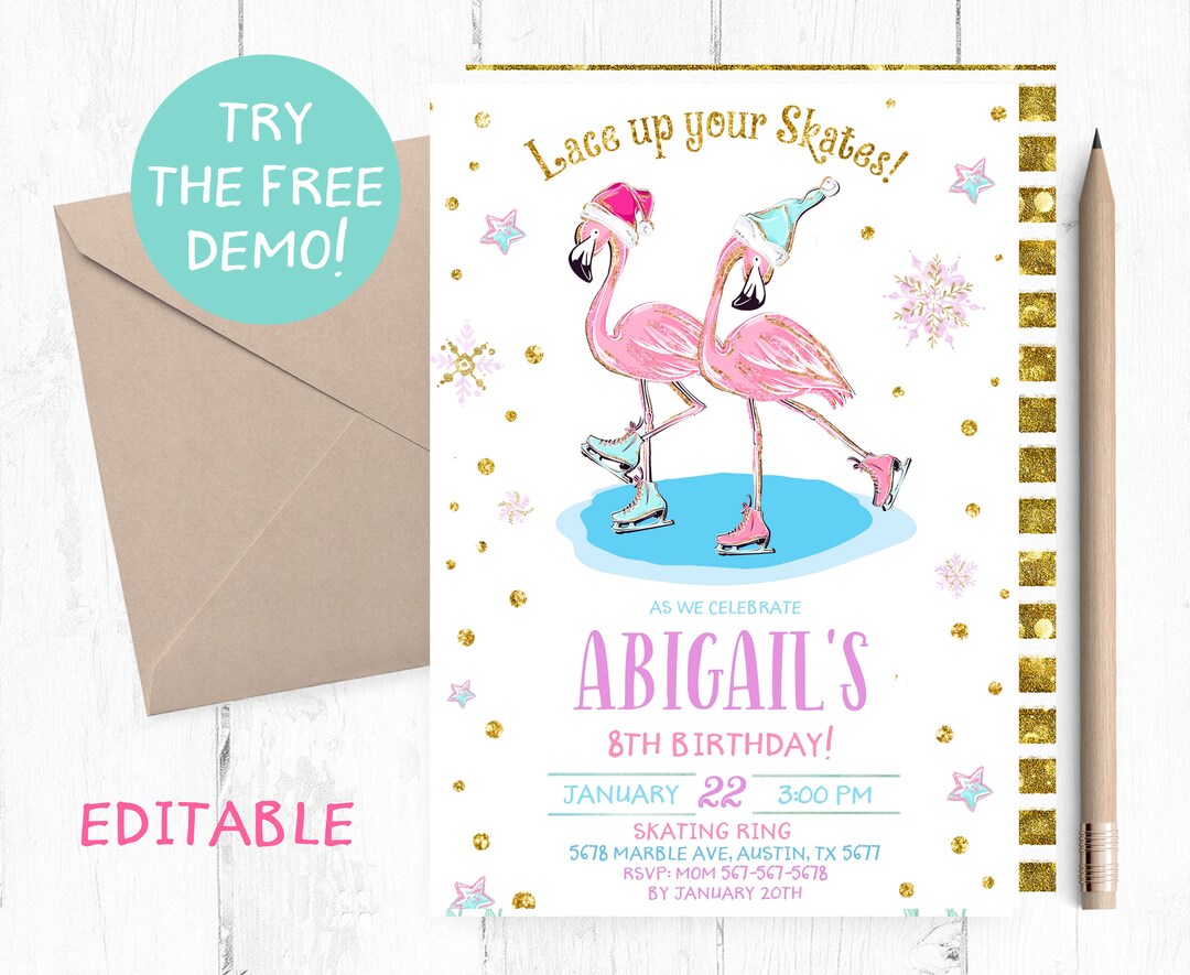 Flamingo Ice Skates Invitations, Ice Skating Invitation, Ice Skates