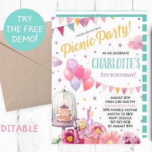 Editable Picnic Invitation, Picnic Invitation Instant Download, Park Birthday Party Invitation, Picnic Birthday Party Editable Template,
