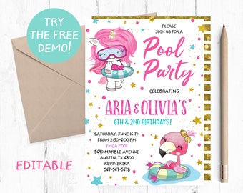 Pool Party Invitation, Pool Birthday Party Invitation, Pool Party Invitations, Pool party invites, Pool party invite, Pool themed party,