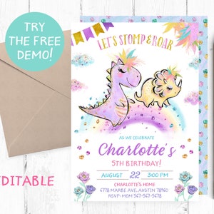 Rainbow Dinosaur Invitation, Rainbow Dinosaur Birthday Party, Girl Dinosaur Invitation, Dinosaur Girl Instant Template, Dinosaur Editable,