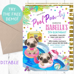 Bearbeitbare Mops Pool Party Einladung, Pool Mops Geburtstag Party Vorlage, Pool Paw-ty Einladung Vorlage, Mops Pool Instant Template, Texting,