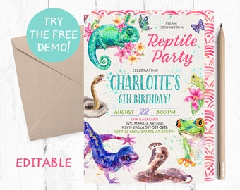 May include: A colorful reptile-themed birthday party invitation with watercolor illustrations of a chameleon, snake, gecko, frog, and butterflies. The invitation includes the text "Reptile Party" and "Charlotte's 6th Birthday!" with event details and the word "Editable".
