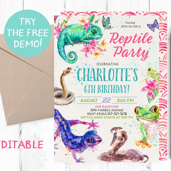 Girl Reptiles Party Invitation, Girl Reptiles Editable Template, Reptile Show Invitation Girl. Reptile Instant Template, Reptile Editable,
