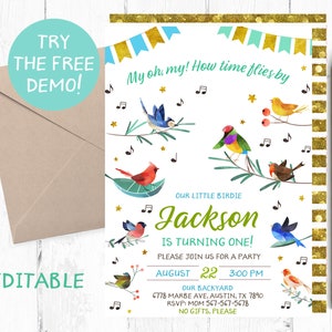 Editable Neutral Birds Invitation, Boy Birds Birthday Party Invitation, Birds Editable Template, Birds Instant Invitation, Little Birdie,