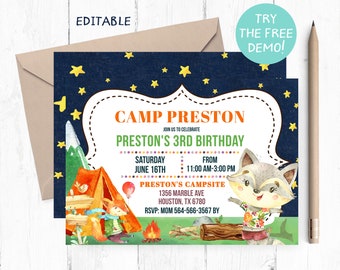 Camping Birthday Invitation, Editable Camp Party (5x7 inches) (Jpeg or PDF)