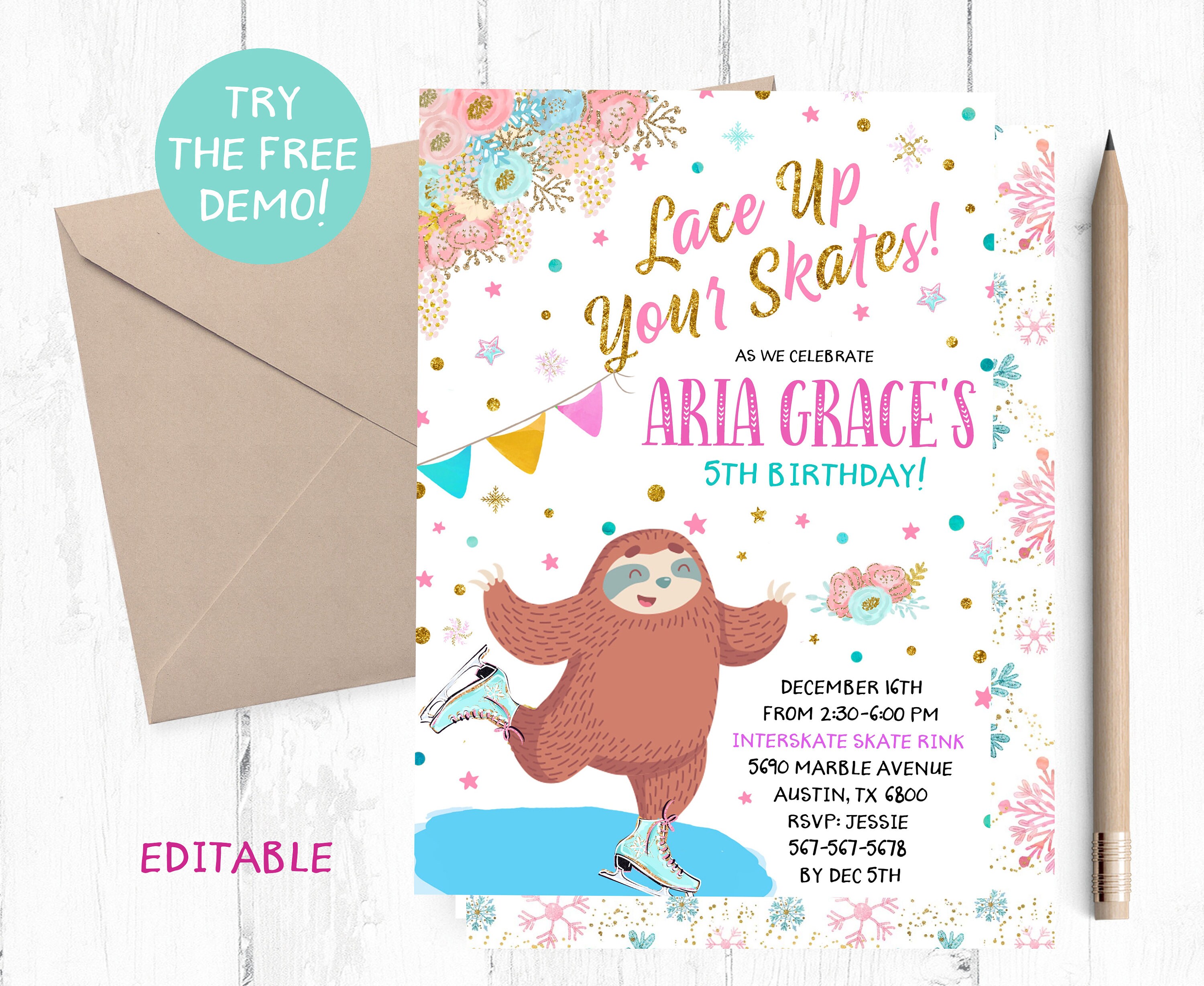 Editable Sloth Ice Skating Invitation, Sloth Ice Skating Party Invitation, Sloth Ice Skating Invitation Template, Sloth Ice Skating Editable