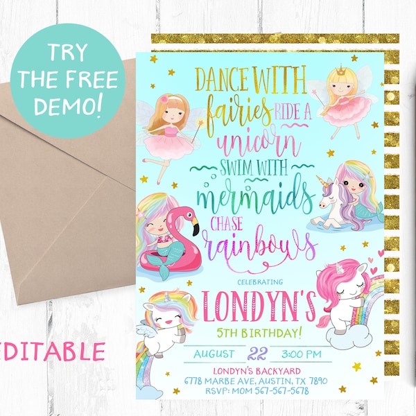 Fairy Mermaid Unicorn Invitation, Dance with Fairies, Ride a Unicorn, Swim with Mermaids, Fairies Mermaid Unicorn Invitations, Invites,