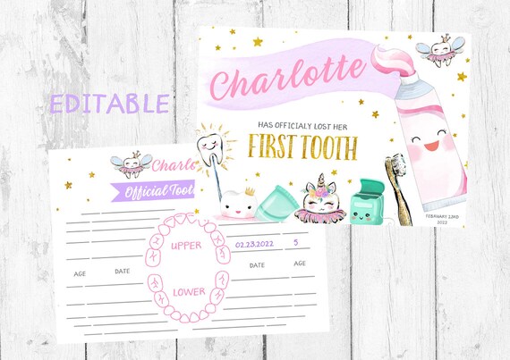 Editable Tooth Fairy Record, First Lost Tooth Sign (PDF)