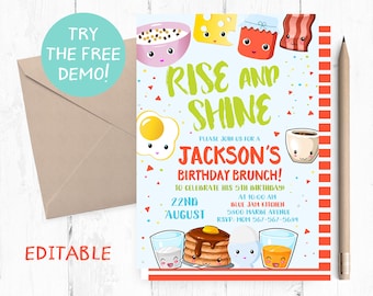 Kids Birthday Brunch Invitation, Editable Breakfast Party (5x7 inches)