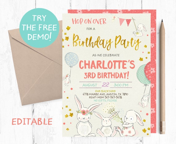 Bunny Invitation, Bunny invites, Garden Birthday Invitation, Spring Birthday Invitation, Spring Invitation, Bunny themed party, Bunnies,