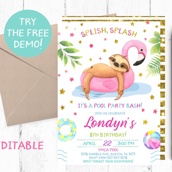 Sloth Pool Party Invitation, Sloth Pool Party Bash, Sloth Pool Invitations, Sloth Pool Invites, Sloth Pool Party Digital, Sloth Printable