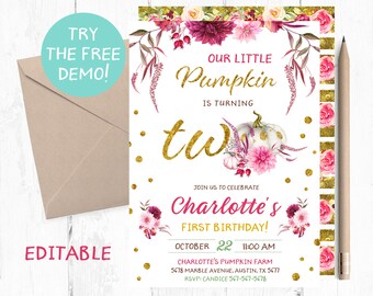 Pumpkin Second Birthday Invitation, Editable Template (Digital Download)
