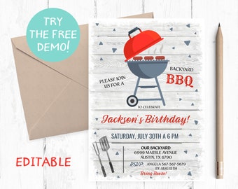 Editable BBQ Birthday Party Invitation, Backyard Barbecue Invite (5x7 inch) (Digital Download)