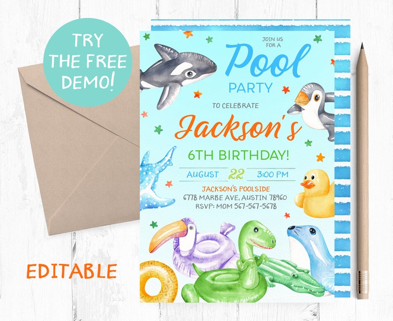 Pool Party Invitation Boy Pool Party Invitations Boy Pool Etsy