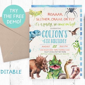Dinosaurs and Reptiles Birthday Invitation, Reptile Dinosaur Editable Template, Dinosaurs Reptiles Invitation Instant Download, Printable,