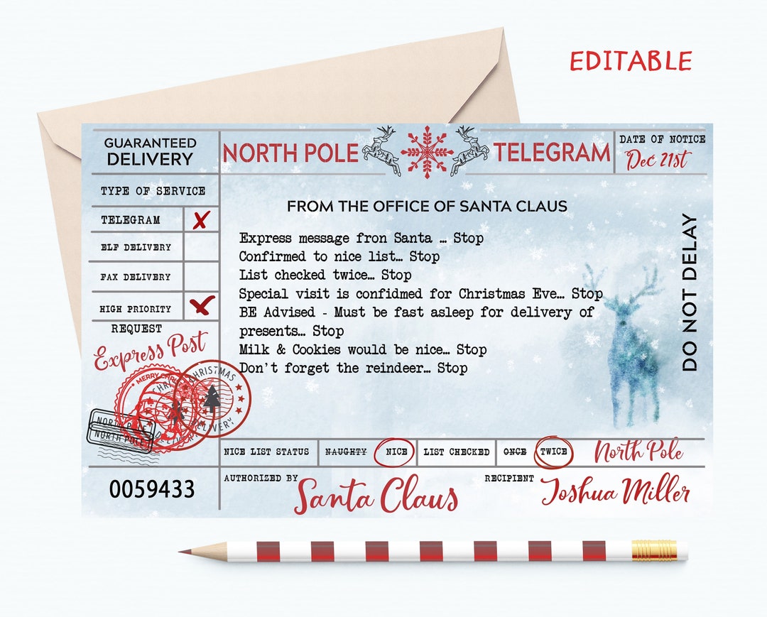 Editable Santa Telegram, Santas Telegram Editable Template, Editable