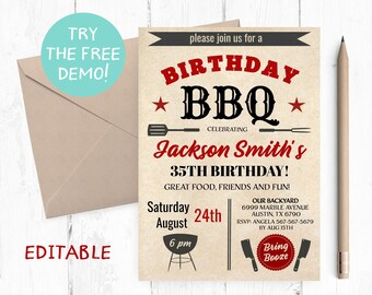 Editable Birthday BBQ Invitation, BBQ Birthday Party Invite, BBQ Invitation Instant Download, Barbecue Birthday Party, Barbecue Template,