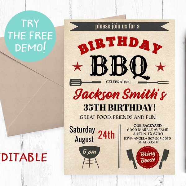 Bearbeitbare Geburtstag BBQ Einladung, BBQ Geburtstag Party einladen, BBQ Einladung Instant Download, Barbecue Geburtstagsparty, Barbecue-Vorlage,