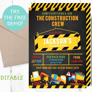 Könnte beinhalten: Geburtstagseinladung zum Thema Bau mit dem Text "Dump Everything & Join The Construction Crew" und "Jackson's 3rd Birthday". Die Einladung zeigt Baufahrzeuge und ein gelb-schwarzes Warnband-Design. Enthält Veranstaltungsdetails.