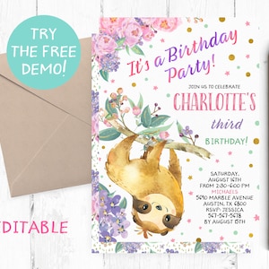 Editable Cute Sloth Invitation, Sloth Birthday Party Invitation, Girl Sloth Invitation Instant Download, Sloth Invites, Sloth Template,