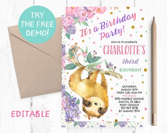 Editable Cute Sloth Invitation, Sloth Birthday Party Invitation, Girl Sloth Invitation Instant Download, Sloth Invites, Sloth Template,