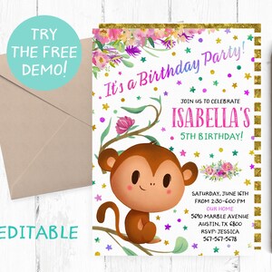 Editable Monkey Invitation Girl, Monkey Editable Template, Cute Monkey Invitations, Monkey Invitation Instant Download, Monkey Birthday,