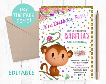 Editable Monkey Invitation Girl, Monkey Editable Template, Cute Monkey Invitations, Monkey Invitation Instant Download, Monkey Birthday,