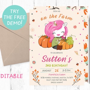 Fall Birthday Invitations, Unicorn Fall Invitation, Fall Birthday Party Invitation, Fall Invitations, Fall Invitation, Fall Unicorn Invite.