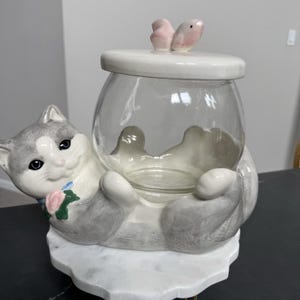 Vintage Treasure Craft Kitty Cat with Glass Fish Bowl Cookie Jar