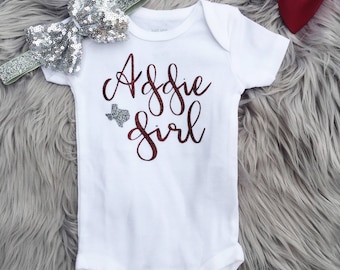 Aggie girl, Aggies baby, Aggies bodysuit, Texas baby, College football, College bodysuit, Texas baby