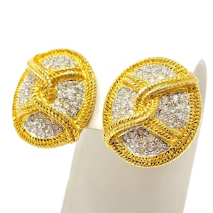 Pendientes vintage Nolan Miller con cierre de clip de cristal y cuerda dorada - Engaste pavé - Racimo de cristales brillantes blancos transparentes