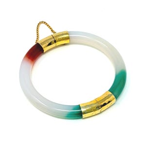 Vintage Tricolor Jade Klapp Armreif - Grün Weiß Rot - Goldbeschläge Verschluss - Bunt