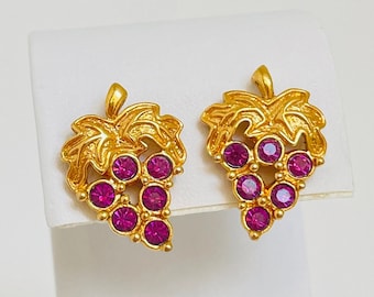 Vintage Avon Gold tone Purple Rhinestone Grapes Grape Bunch Leaf Leaves Vine Pierced Earrings - Fruit Wine Dionysus Bacchus Earthy Nature