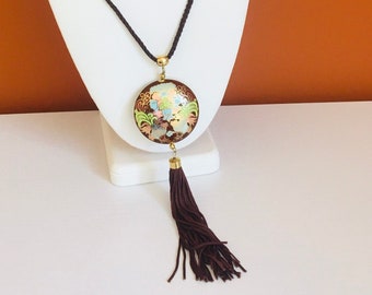 Vintage Cloisonne Pendant Oriental Asian Tassel Necklace Enameled Porcelain Brown Pink Blue Green Gold Plant Round Circle Long Thin Gift Her