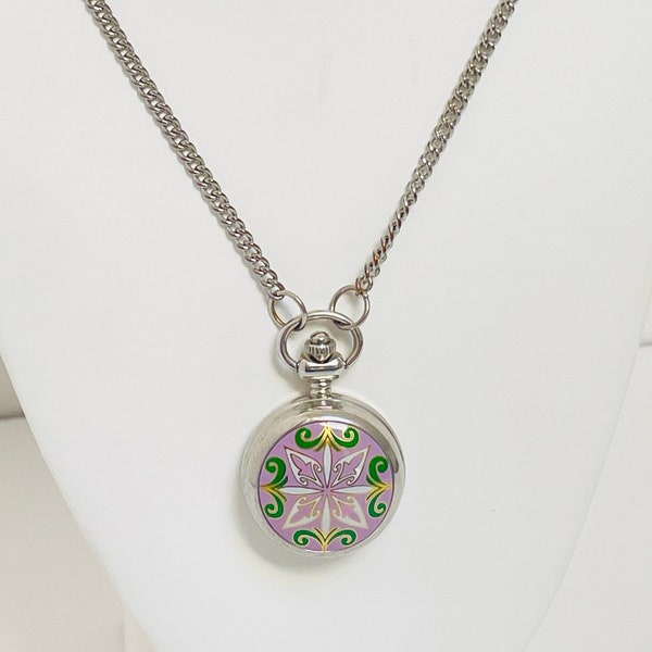 Vintage Round Silver tone Locket Pendant w/ Clock Watch Time Necklace Chain - Purple Green White Gold Floral Filigree Keepsake Opens Up