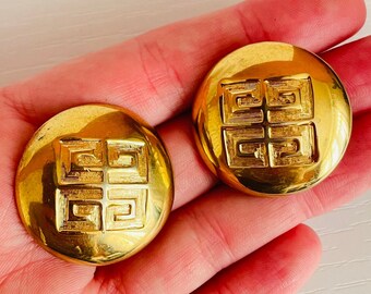 Vintage Givenchy 4G Box Logo Gold Tone Button Clip On Earrings Large Chunky Circle Round Heavy Sturdy Circle Pressed Designer Letter G