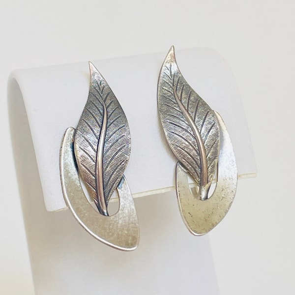 Vintage Beau Sterling Silver 925 Leaf Retro Clip-on Earrings - Detailed Leaves Plant Plain Simple Mod Earthy Boho Hippie Earth Nature Gift
