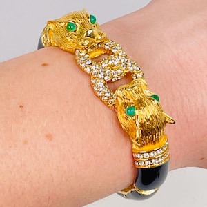 Vintage Ciner Jeweled Leopard Jaguar Panther Lion Head Hinged Bracelet - Gold Plated Black Enamel Bangle Cuff Clear White Rhinestones