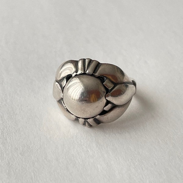 vintage Early Georg Jensen Sterling Silver 925 Bague Moderniste - No. 59 Taille 6 Orbe Réfléchissant Lisse, Feuilles Sphère Sphérique Ronde