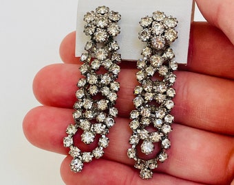 Vintage Large Waterfall Overlapping Silver White Clear Rhinestone Earrings - Teardrop Dangly Dangle Statement Bright Sparkly Party