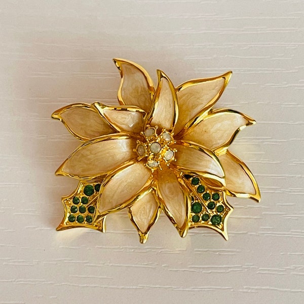 Vintage Nolan Miller Christmas Poinsettia Flower Gold Tone Ivory Cream Enamel Holly Leaf Brooch Pin Leaves Christmas Xmas X-mas Holidays